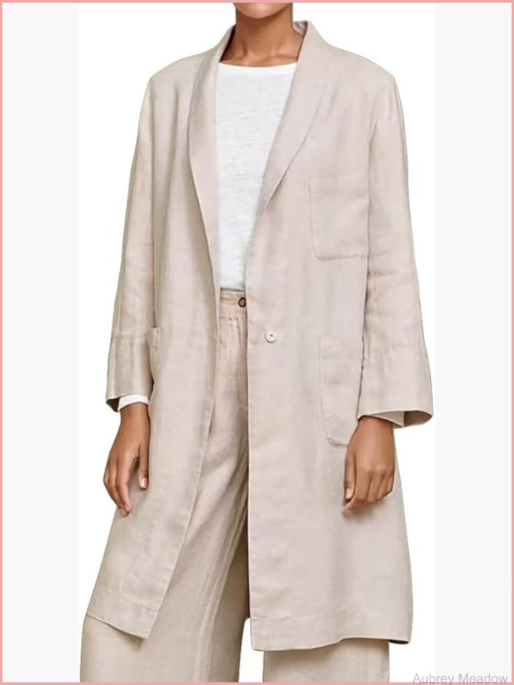 Women's Linen Cotton Blazer Long Sleeve Notch Lapel Knee Length Lightweight